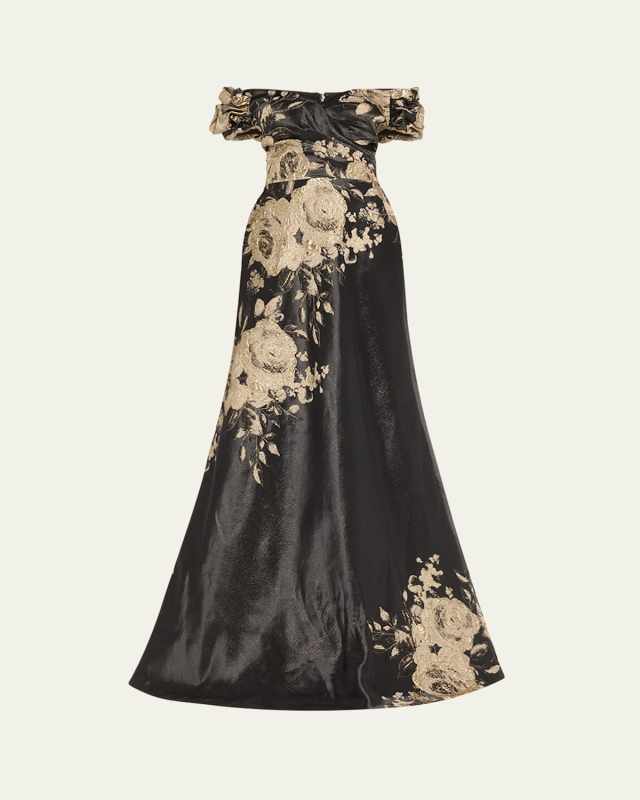 Cap-Sleeve Floral Metallic Jacquard Gown